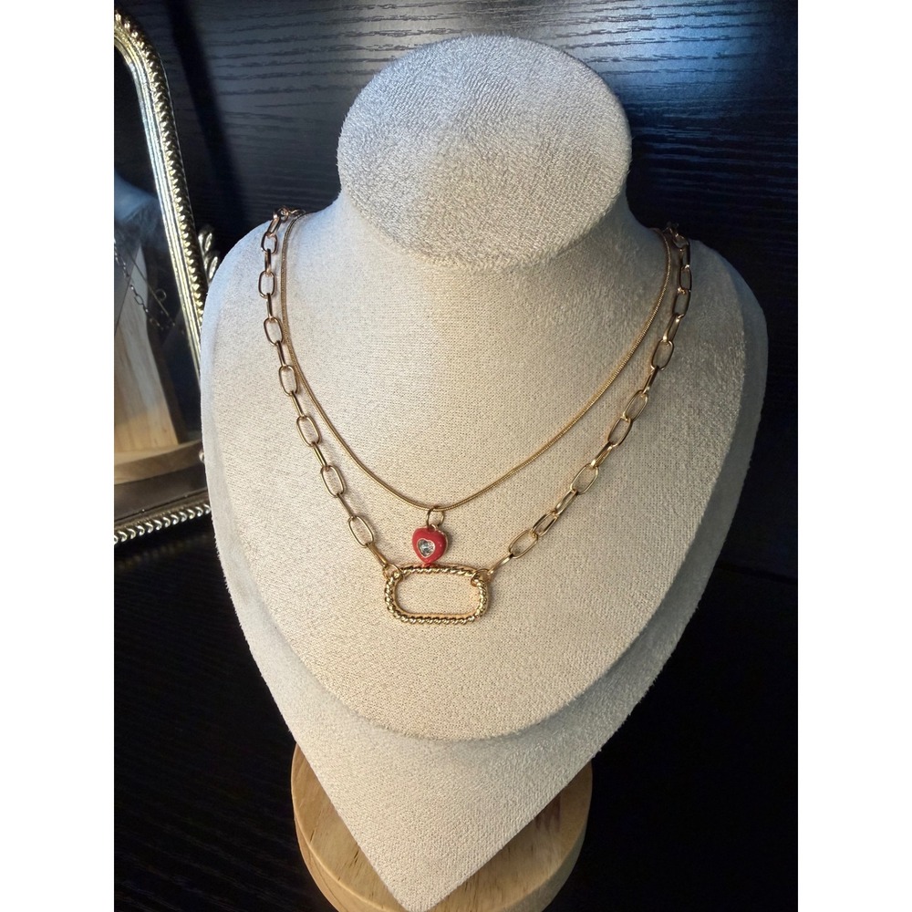 Ardene Gold Tone Layered Necklace Red Heart Faux Crystal Paperclip Snake Chain